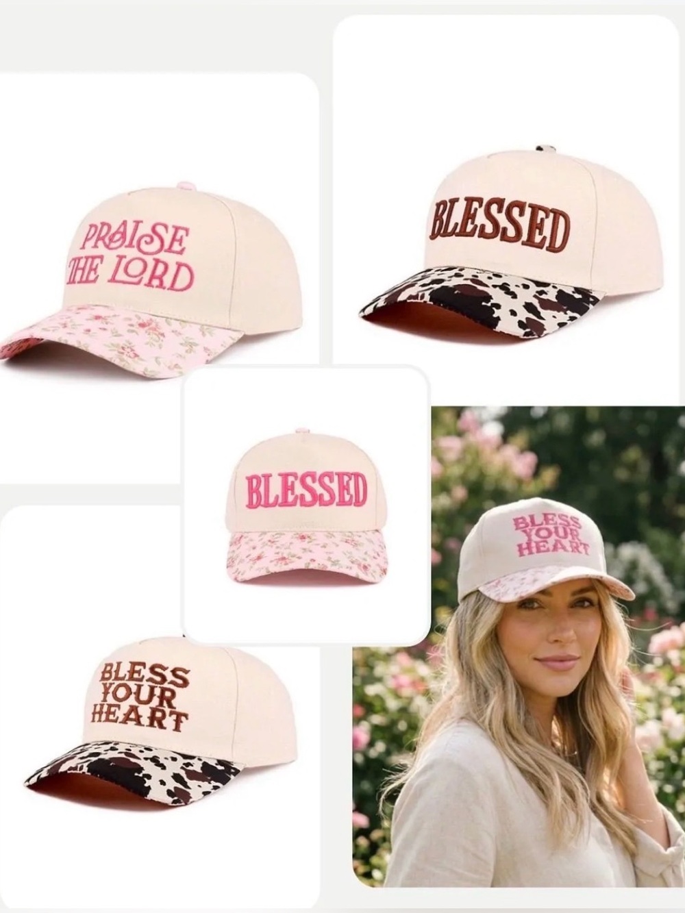 New embroidered hats floral or cow print blessed praise the lord heart zenana